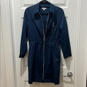 Halston Blue Long Sleeve Notched Collar Shirt Dress